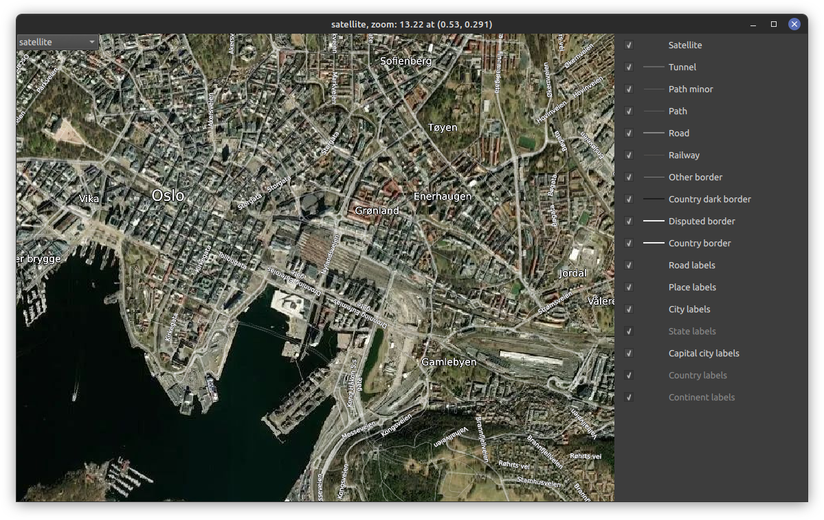 A map that has a satellite picture as its basis, overlayed with vector data for streets and labels.