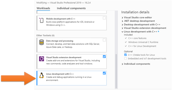 C++ Linux workload selection in the VS Installer